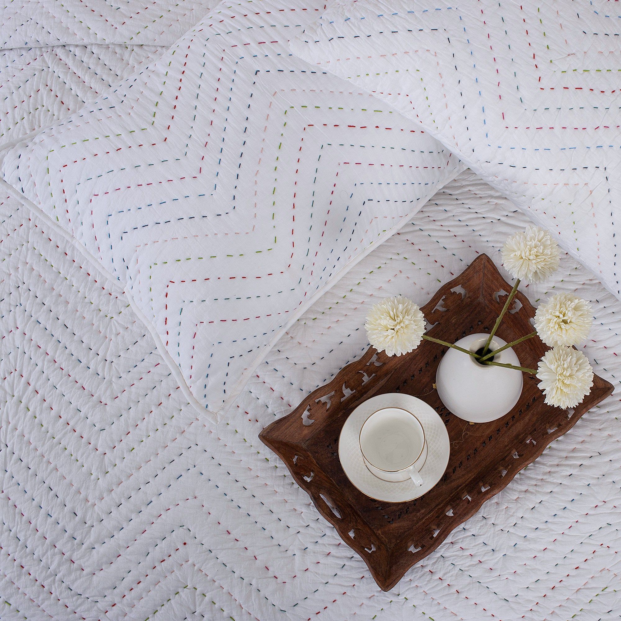 Handmade Solid White Kantha Heavy Winter Blankets